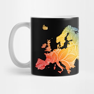 Colorful mandala art map of Europe with text in blue, yellow, and red Mug